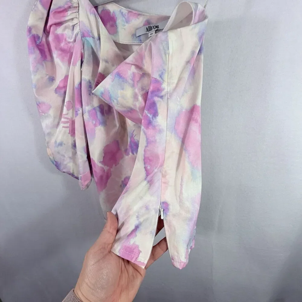 AIIFOS Pink Purple Watercolor One Shoulder Puff 3/4 Sleeve Top Blouse Size XS - Picture 7 of 11